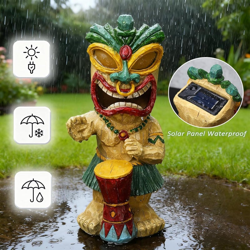 halp·ssfm Solar Tiki Garden Statue with LED Eyes Outdoor Polynesian Drummer Hawaiian Party Decor Solar Light Ornament for Patio Porch Lawn Tiki Bar or Tiki Lover Funny Stocking Stuffers Gifts - Image 2
